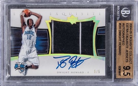 2004-05 UD "Exquisite Collection" Extra Exquisite Jerseys #DH Dwight Howard Signed Patch Rookie Card (#5/5) - BGS GEM MINT 9.5/BGS 10